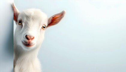 Fototapeta premium A playful white goat peeks curiously from behind a wall, showcasing its adorable features and charming personality.