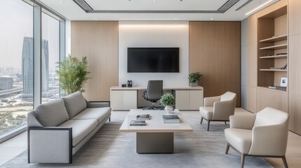 Fototapeta premium Modern office lounge with city view (2)