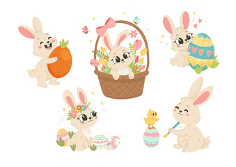 Cute Easter Bunny Clipart Set. Hand-Drawn Spring Collection for Cards, Invitations, Stickers, and Scrapbooking