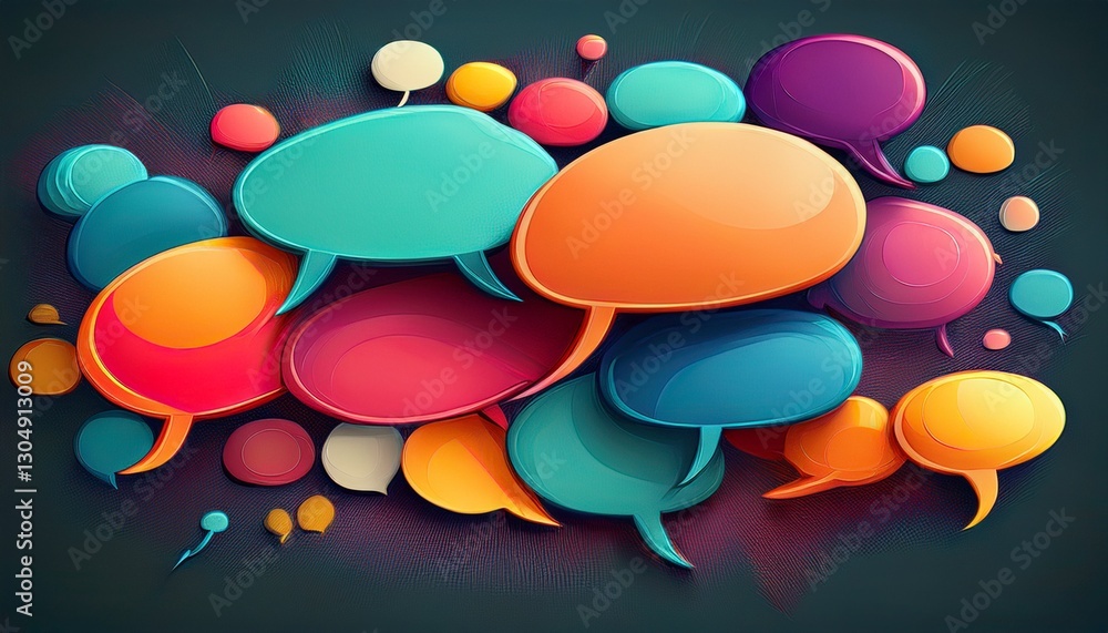 Poster colorful speech bubbles on a dark background representing communication and conversation