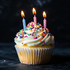 Delicious Vanilla Cupcake with Colorful Sprinkles and Three Burning Candles Against Dark Background Sweet Treat Celebration