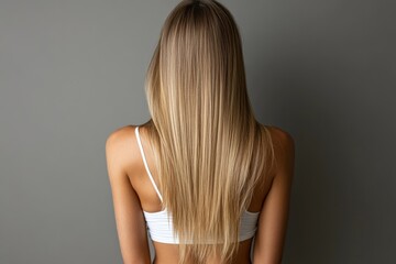 Obraz premium Beautiful profile of a woman with long, straight blonde hair viewed from behind