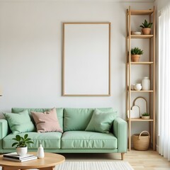 Living room with a light green sofa, a blank poster on the wall, and a wooden shelf with decorative objects, creating a minimalist and cozy interior design
