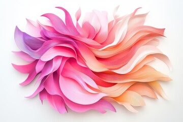 Fototapeta premium Colorful paper art installation showcasing a wave of pink and orange hues against a white background in a contemporary setting