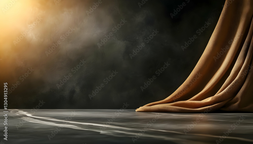 Poster a scenic view of elegant fabric draping against a dark background, illuminated by soft light, creati