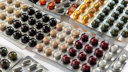 Various dietary supplements are arranged in neat rows, showcasing an assortment of colors and forms commonly found in wellness routines