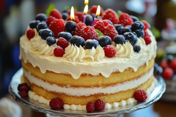 Delicious layered cake adorned with fresh raspberries and blueberries with burning candles on a silver cake stand