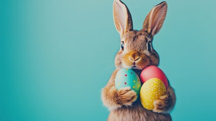 Obraz premium Adorable fluffy rabbit holding colorful Easter eggs against a bright blue background celebrating spring festivities and holiday joy with playful charm
