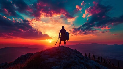 Obraz premium Atop a hill, a warrior's silhouette is visible, holding a sword and shield, symbolizing Joshua