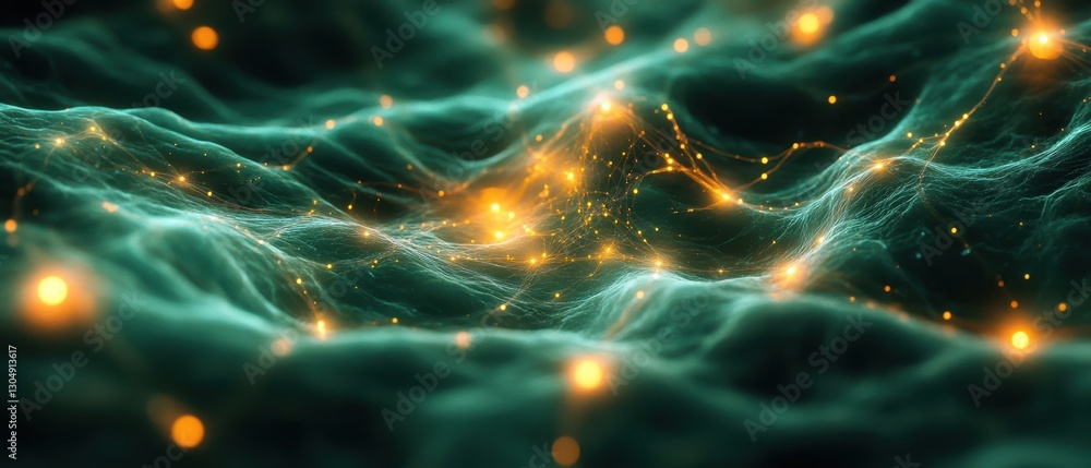 Poster abstract connection network with glowing nodes and interconnected lines on dark teal background