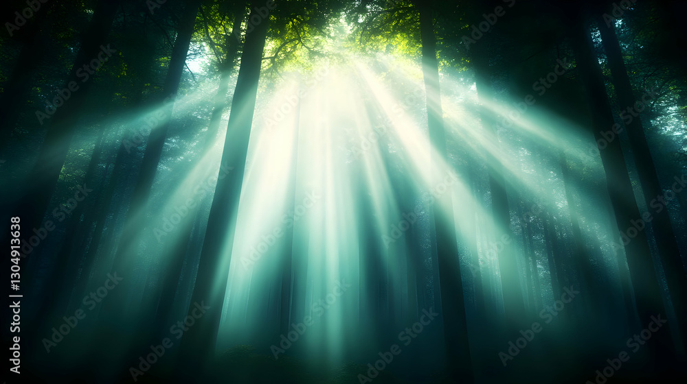 Poster a serene forest scene with sunlight streaming through tall trees, creating beautiful patterns of lig