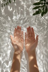 Hands in water with green fern leaves casting shadows, creating ripples