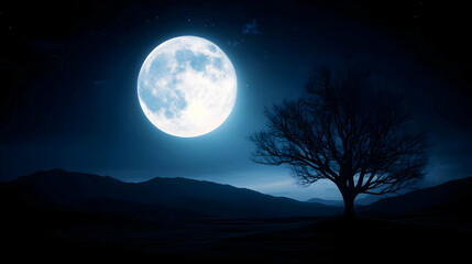 A serene night landscape featuring a bright moon illuminating a solitary tree against a calm, dark sky.