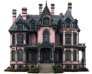 Naklejka premium Pink Victorian mansion with dark trim, isolated on white.