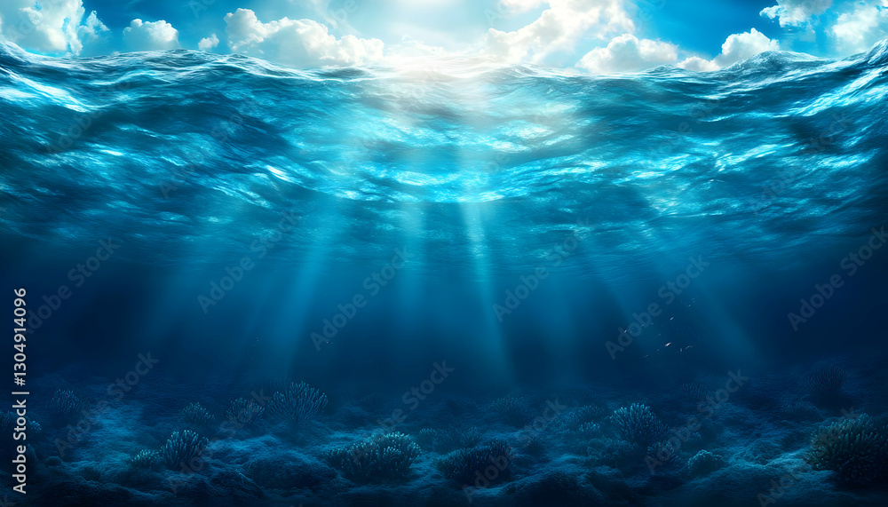 Poster a serene underwater scene showcasing sunlight filtering through ocean waves, creating a calming and 