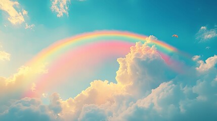 Pastel Rainbow Arcing Over Fluffy Clouds In A Blue Sky