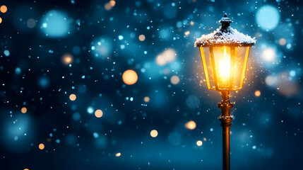 A serene winter evening scene featuring a glowing lamp post with softly falling snowflakes, creating a magical atmosphere.
