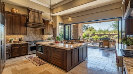 Fototapeta premium High-end kitchen with a spacious layout and patio doors to outdoor seating