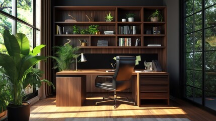 Modern Wooden Office Workspace with Plants