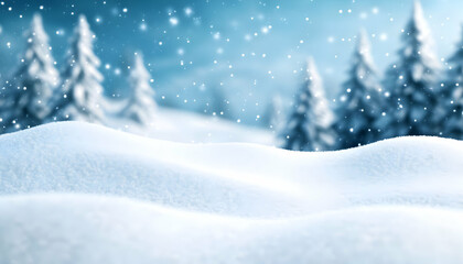 Fototapeta premium A serene winter landscape featuring gently falling snowflakes over a blanket of snow, with evergreen trees in the background.