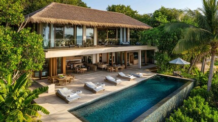 Luxury beachfront villa with a swimming pool and lush greenery