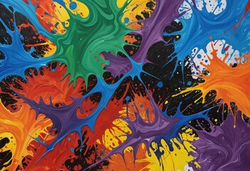 This abstract art piece features a chaotic, chaotic, and chaotic pattern of splashes in various colors, with a black background and a black and white color scheme