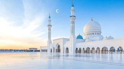 Fototapeta premium Majestic White Mosque Architecture at Sunrise Islamic Dome Minaret Crescent Moon