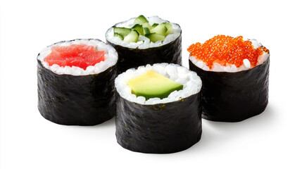 Four sushi rolls with various toppings including tuna, cucumber, avocado, and roe