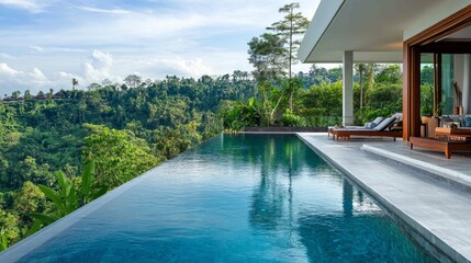 Fototapeta premium Modern hillside villa with an infinity pool overlooking lush greenery