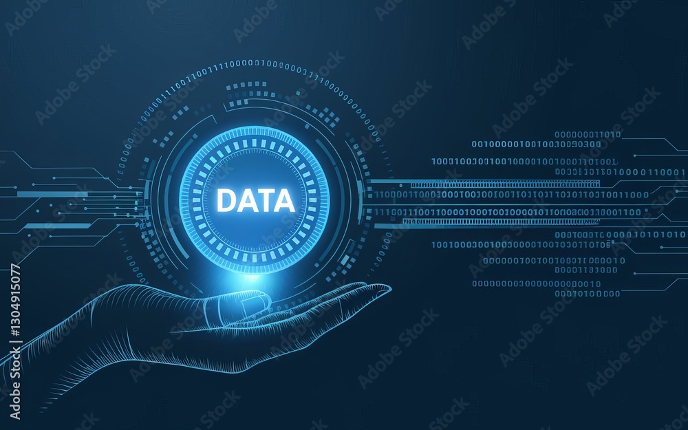 Poster data in hand: the human hand holds a luminous data symbol within a network of interconnected digital