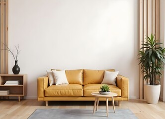 A yellow leather sofa with pillows in a minimalist living room with a wooden floor and a white wall