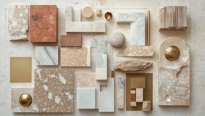 A curated collection of various stone and metal samples, showcasing a range of textures and colors in a neutral palette, arranged in a geometric pattern on a light beige surface.