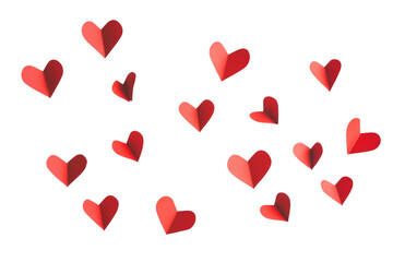 Red paper hearts scattered on transparent background 