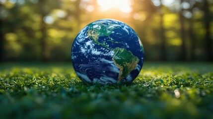 Earth globe in sunlit grassy field