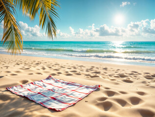 Serene beach scene with an empty picnic blanket and footprints in the sand, symbolizing a happy family vacation.
