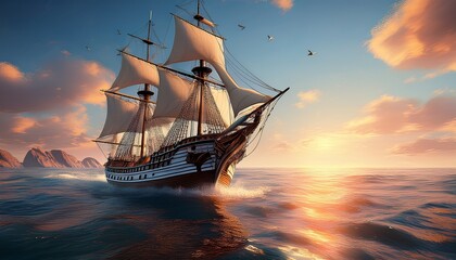 Obraz premium ship with sails on the sea 3 d rendering art created with generative ai