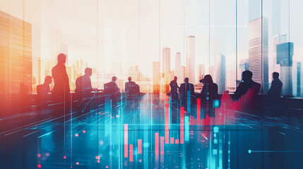 Professional business team working on a project together in the office Using innovation economic growth charts and network connections to accompany the data. in analyzing future trends