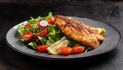 pescado frito delicious fish dish with grilled chicken salad and fresh tomatoes