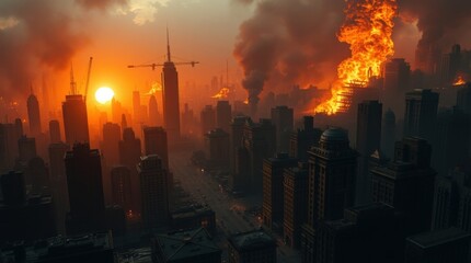 Fototapeta premium Burning Cityscape with Smoke and Flames at Sunset Catastrophic Urban Disaster
