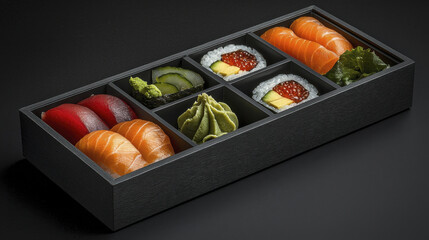 Delicious sushi platter featuring salmon, tuna, and wasabi in stylish box