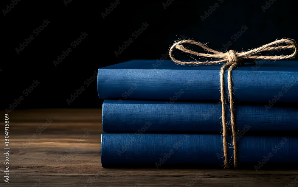 Poster a stack of neatly tied blue books resting on a wooden table, creating a calm and inviting atmosphere
