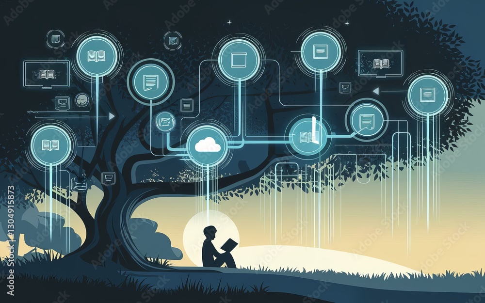 Poster knowledge tree: a person reading a book under a digital tree of knowledge and networks, which connec