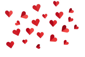 Red paper hearts scattered on transparent background 