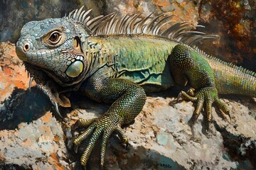 Obraz premium Iguana in the Tropical Forest amidst lush foliage, hiding in a tree branch, sharp eyes watching every movement. The humid tropical habitat is the perfect place for this reptile