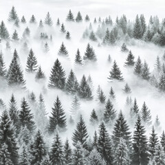 A monochrome background featuring a misty forest scene in black and white, with tall trees shrouded in fog creating a mysterious and atmospheric visual effect 07