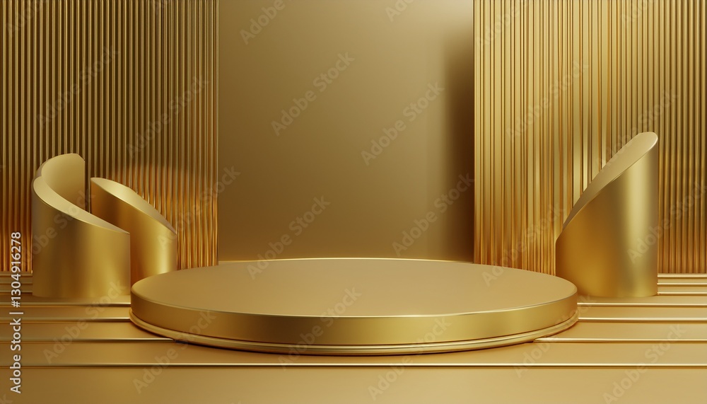 Poster luxurious gold 3d abstract stage with pedestal and geometric shapes composition for product presenta