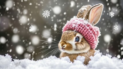 Obraz premium Cute Bunny Wearing Pink Knit Hat Surrounded by Snowflakes in Winter Wonderland setting with Soft Snowy Background and Delicate Snowflakes Floating Around