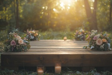 Enchanting wedding altar with floral arrangements and soft candlelight in a serene forest setting creating a romantic and dreamy atmosphere perfect for a fairytale celebration
