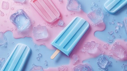 Colorful ice popsicle on a blue and pink background with melting ice and ice cubes for a refreshing summer treat or dessert concept