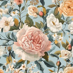 A seamless floral fabric pattern featuring delicate roses